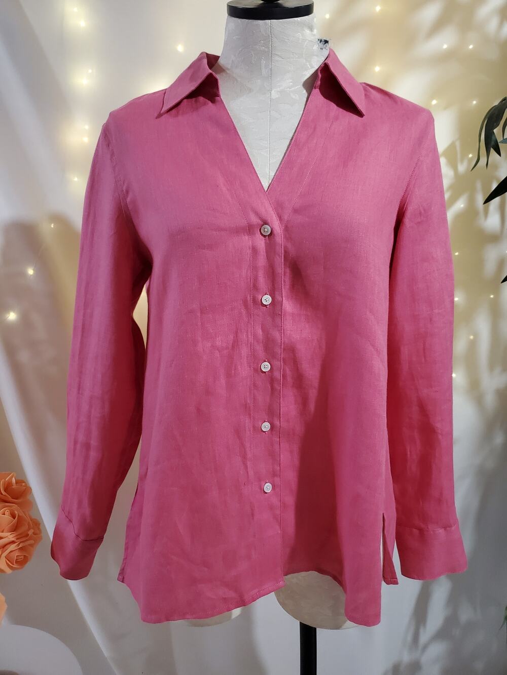 Talbots Pure Irish Linen V Neck Collared Button Up Shirt Womens Size 10P Pink